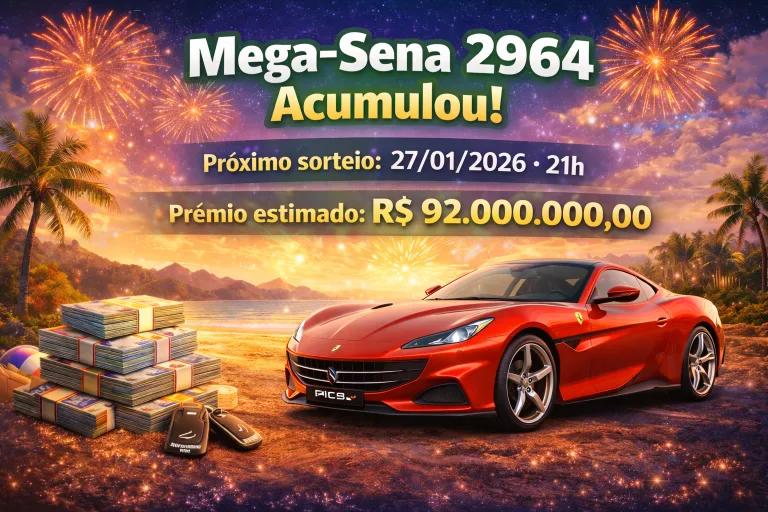 Resultado Mega-Sena de ontem, concurso 2964 de sábado 24/01/2026: Valor do prêmio paga 28 Ferrari Portofino M à vista e ainda sobram R$ 2.400.000