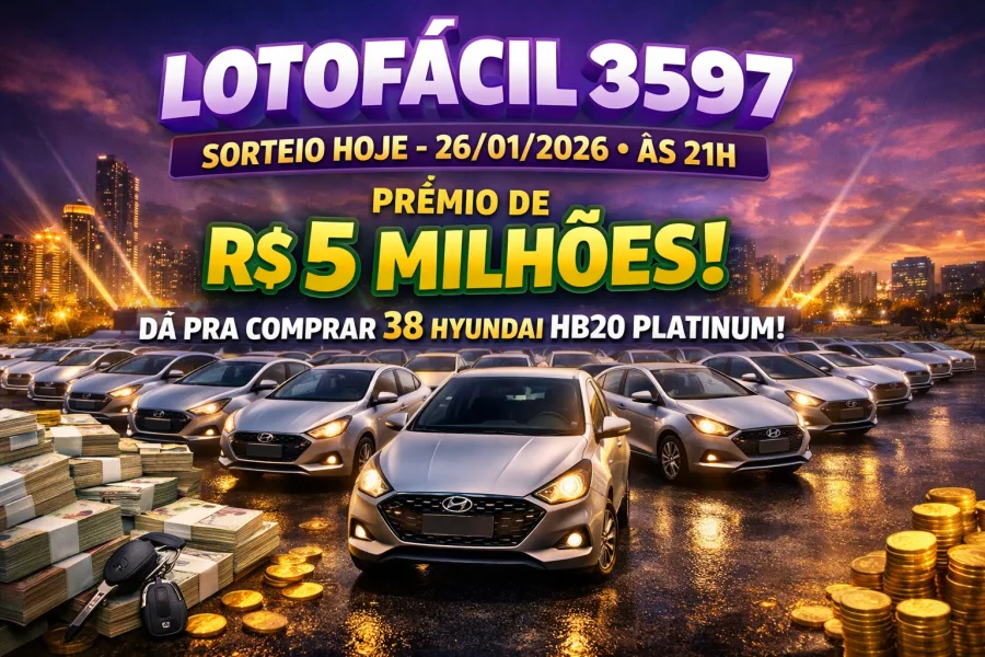 Lotofácil Resultado do concurso 3597 hoje, segunda dia 26/01/2026: prêmio de R$ 5 milhões daria para comprar 38 Hyundai HB20 2026