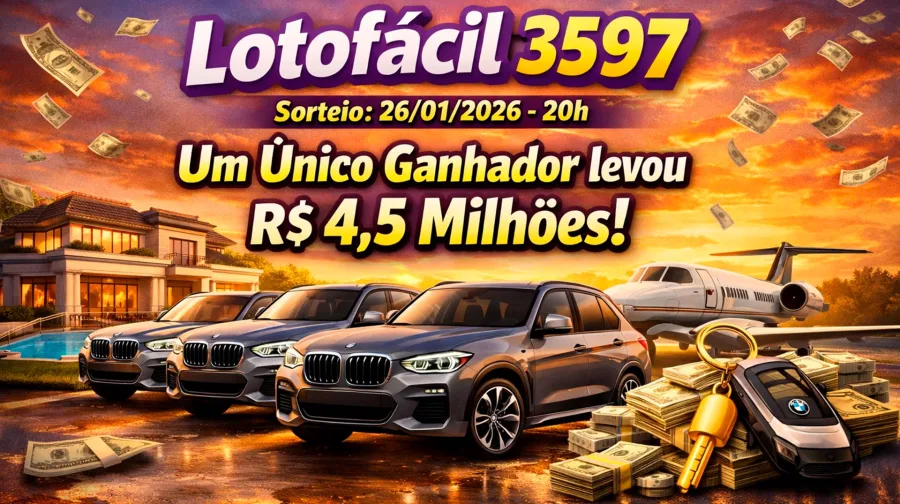 Resultado Lotofácil de ontem, concurso 3597 de 26/01/2026: Valor do prêmio paga um BMW X5 à vista e ainda sobram R$ 362.640,33