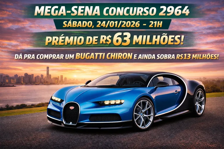 Mega-Sena 2964, sábado, 24/01/2026: ATUALIZADO COM NÚMEROS SORTEADOS; prêmio de R$ 63 milhões compraria um Bugatti Chiron no Brasil e ainda sobraria dinheiro