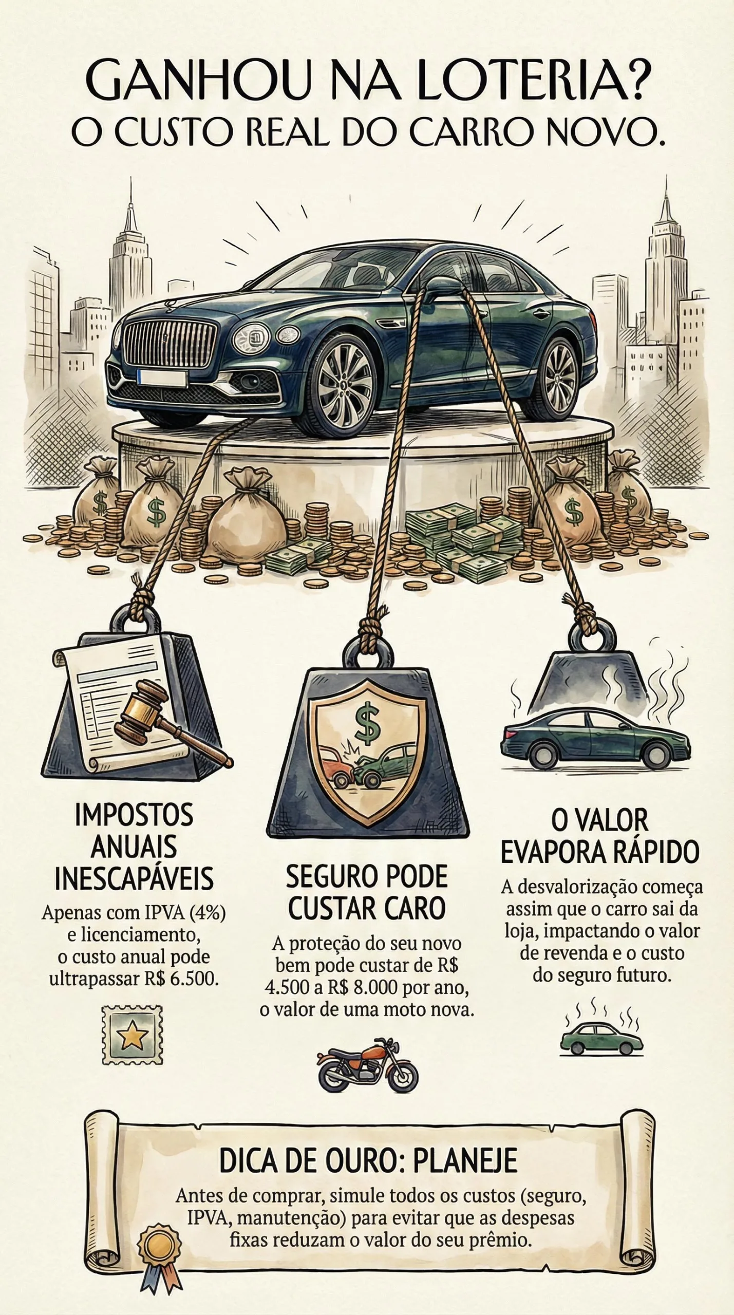 Prêmio vira carro, mas custos fixos pesam: Seguro Auto, IPVA, manutenção e juros. Planejar entre compra à vista, financiamento ou consórcio evita perdas.