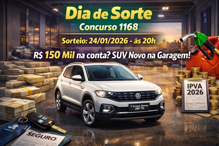 Dia de Sorte 1168 desta sábado, 24/01/2026: ATUALIZADO COM NÚMEROS SORTEADOS; prêmio de R$ 150 mil compra um T-Cross Sense 200 TSI à vista