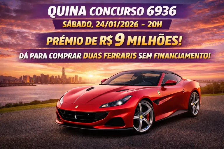 Quina 6936, sábado, 24/01/2026: ATUALIZADO COM NÚMEROS SORTEADOS; confira os números sorteados; prêmio de R$ 9 milhões daria para comprar duas Ferrari Portofino M e ainda sobrar dinheiro