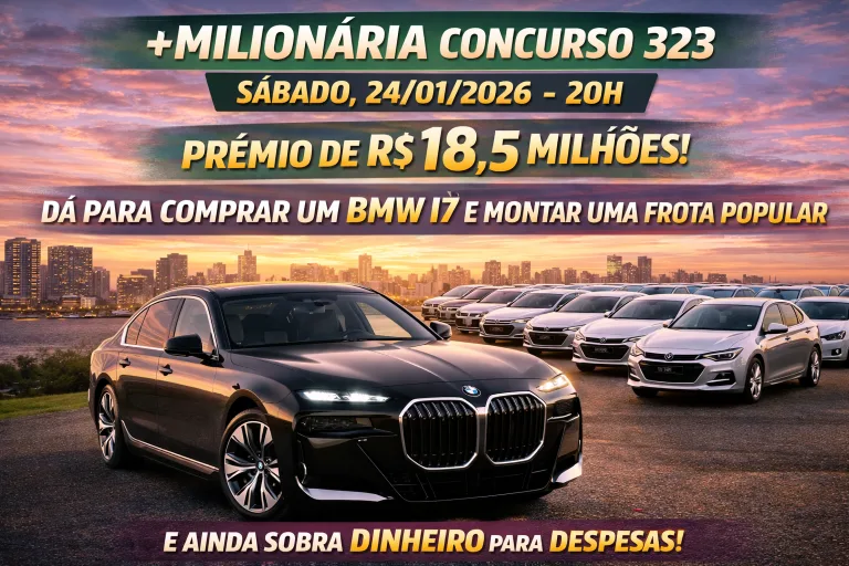 +Milionária 323 deste sábado, 24/01/2026: ATUALIZADO COM NÚMEROS SORTEADOS; prêmio de R$ 18,5 milhões daria para comprar um BMW i7 e uma frota de 155 Chevrolet Onix zero km