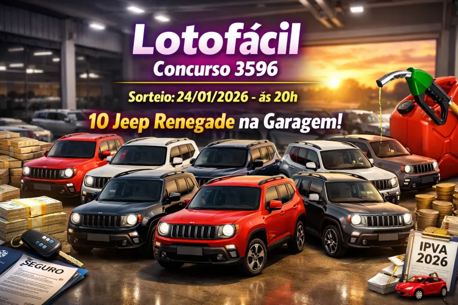 Lotofácil 3596, sábado, 24/01/2026: ATUALIZADO COM NÚMEROS SORTEADOS; prêmio de R$ 1,8 milhão daria para comprar 10 Jeep Renegade e ainda sobraria dinheiro
