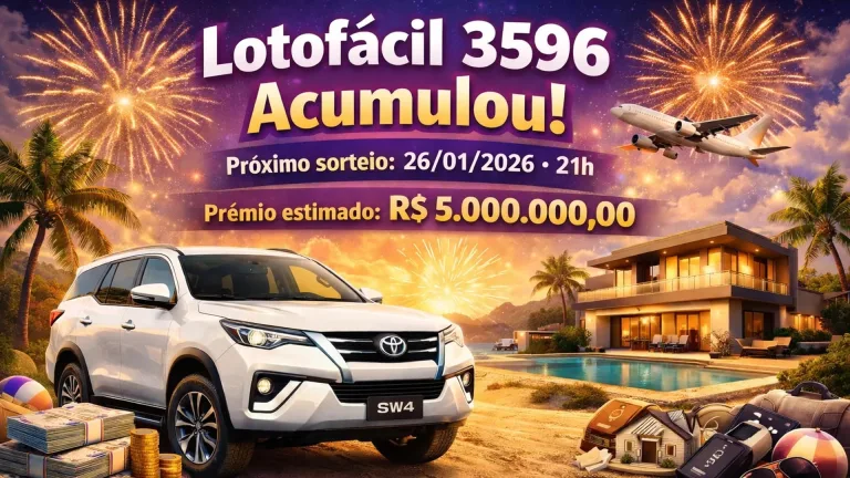 Resultado da Lotofácil 3596 de 24/01/2026: Valor do prêmio Acumulou! valor paga Toyota SW4, IPVA, Seguro Auto e ainda sobra para investir