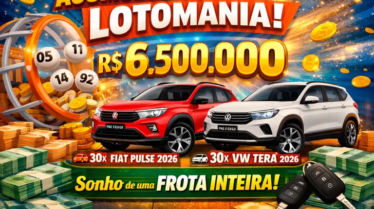 Resultado Lotomania 2879: prêmio acumulado de R$ 6,5 milhões daria para comprar 30 Fiat Pulse 2026 e 30 Volkswagen Tera zero km