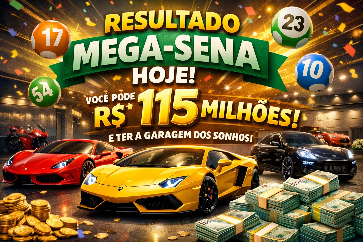 Resultado Mega Sena Hoje, você pode ganhar R$ 115 milhões e ter a garagem dos sonhos