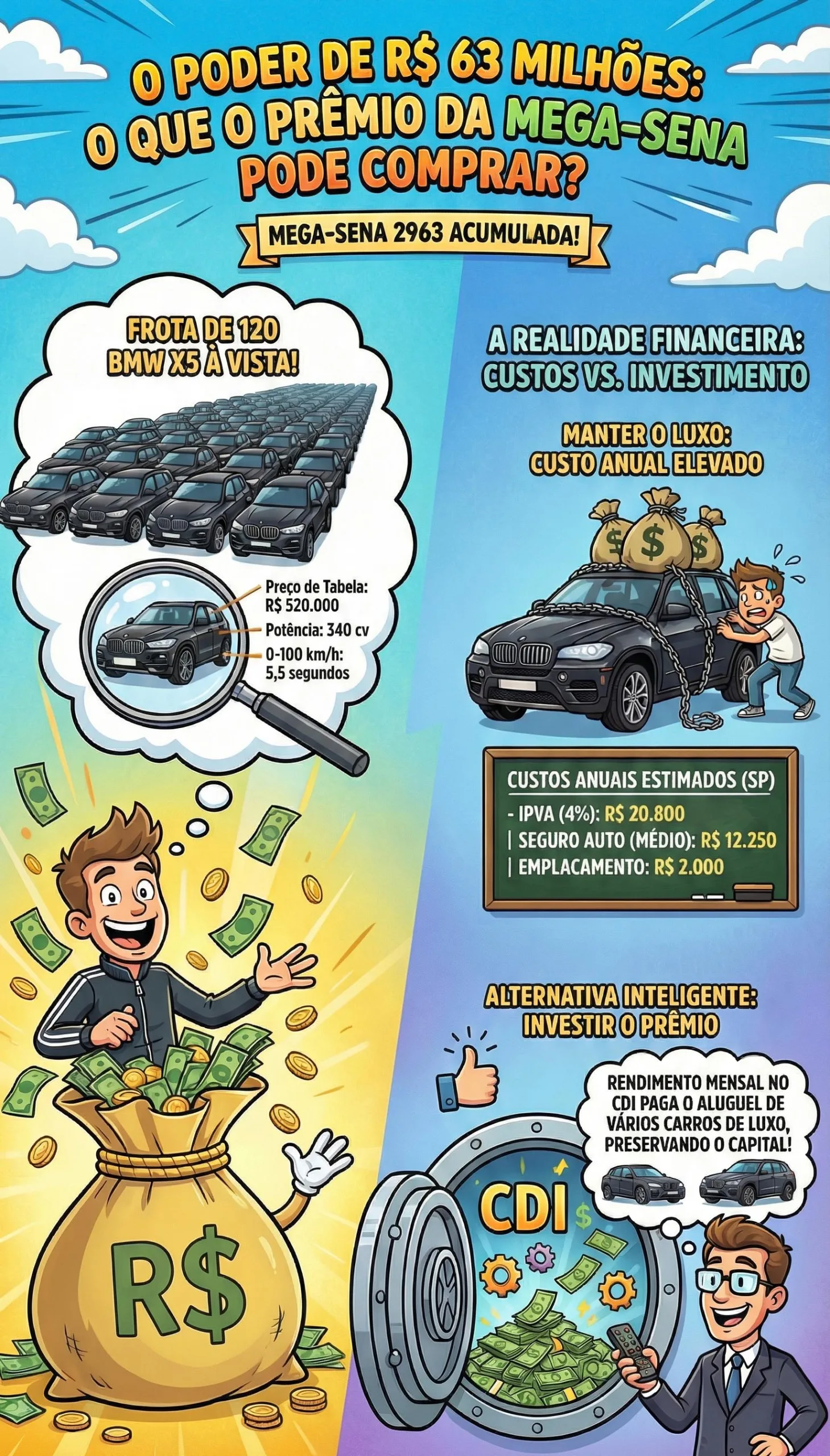 R$ 63.000.000 em conta compra carros à vista, sem financiamento, com IPVA e seguro pagos por anos.