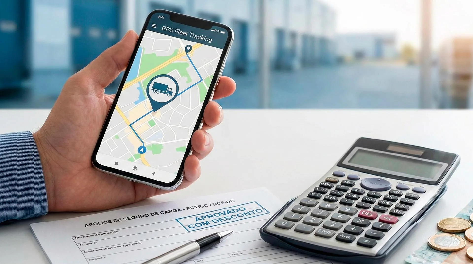 Mão segurando celular com GPS de rastreamento de caminhão sobre mesa com calculadora, dinheiro e apólice de seguro de carga RCTR-C.