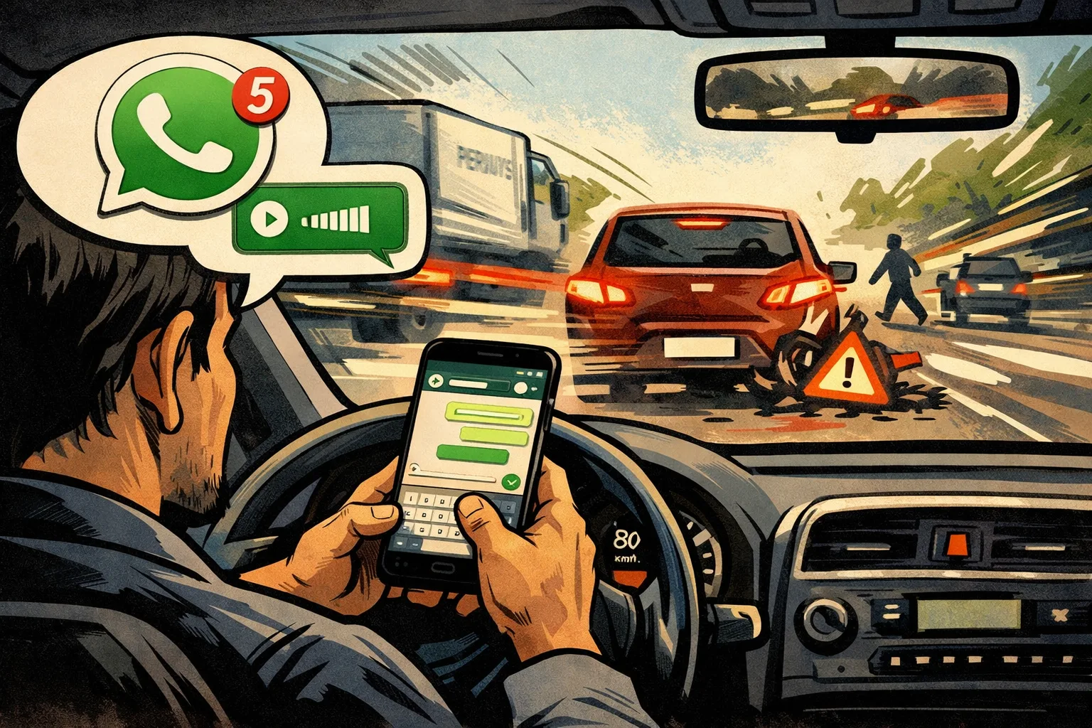 WhatsApp ao volante eleva distração, é infração gravíssima, aumenta acidentes urbanos, pressiona seguros e exige voz e foco para reduzir riscos no dia a dia.