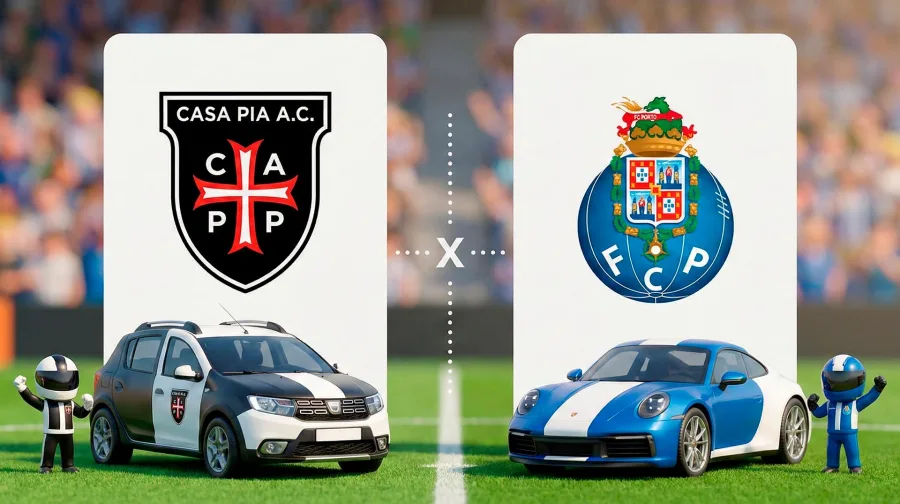 Casa Pia x Porto: onde assistir ao vivo; como se fossem carros, Dacia Sandero encarando Porsche 911 na estrada do Campeonato Português, 20ª rodada