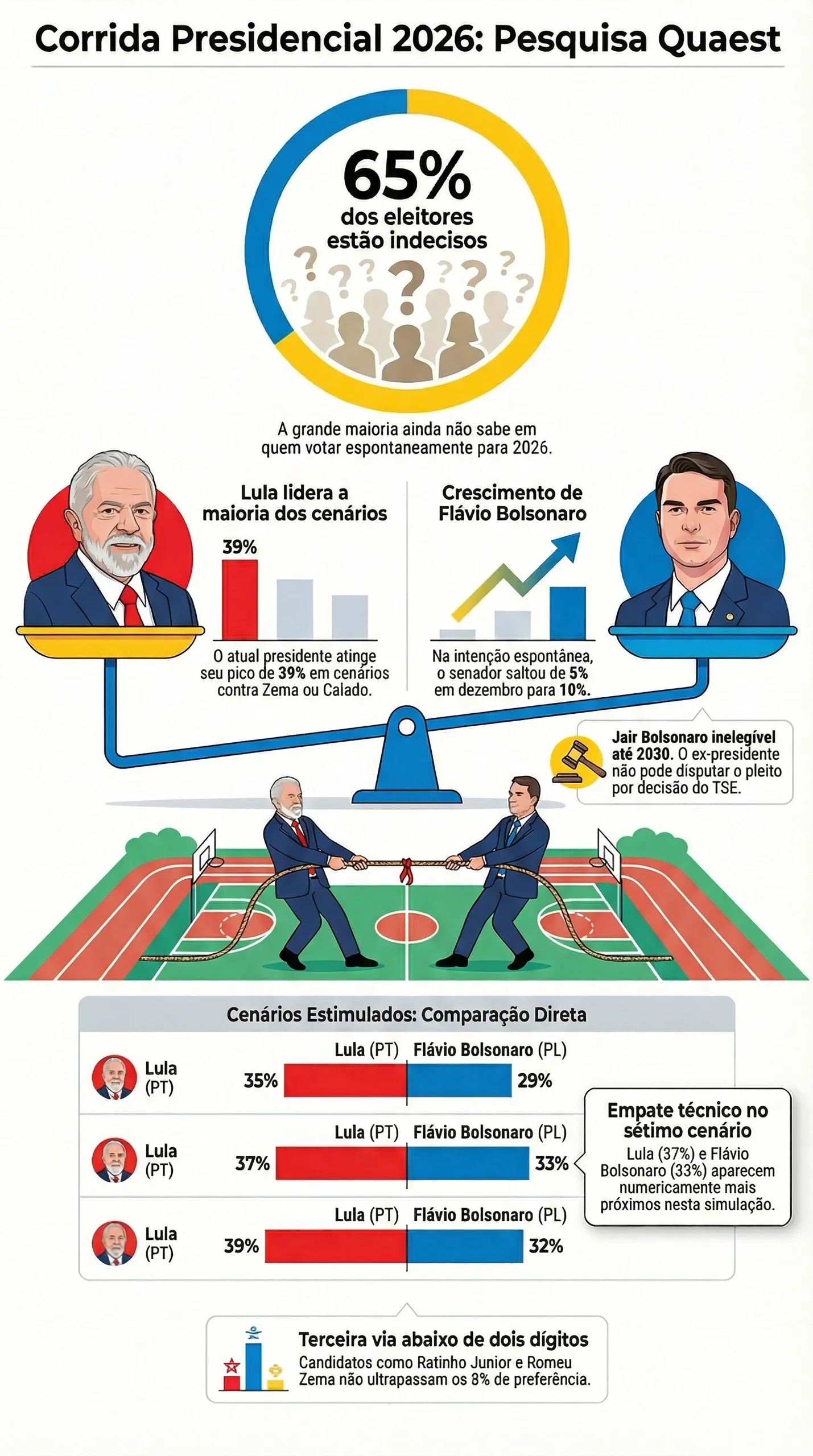 No 1º cenário estimulado, Lula marca 35% e Flávio 29%. Ratinho tem 8%, Zema 4%. Indecisos 7% e 15% entre branco, nulo ou não voto.