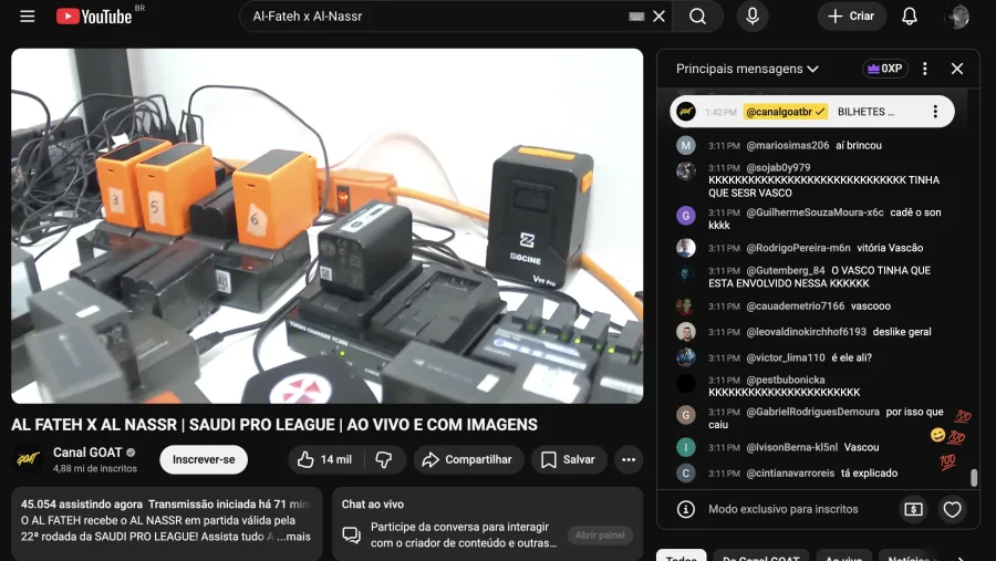 Al Fateh x Al-Nassr Ao Vivo no Canal GOAT no YouTube acaba com 40 mil pessoal vendo tomada em vez de futebol