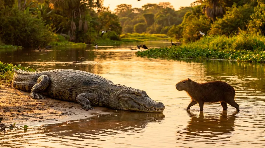 Por que Jacarés Não Atacam Capivaras? Explicação envolve metabolismo, risco e economia de energia.