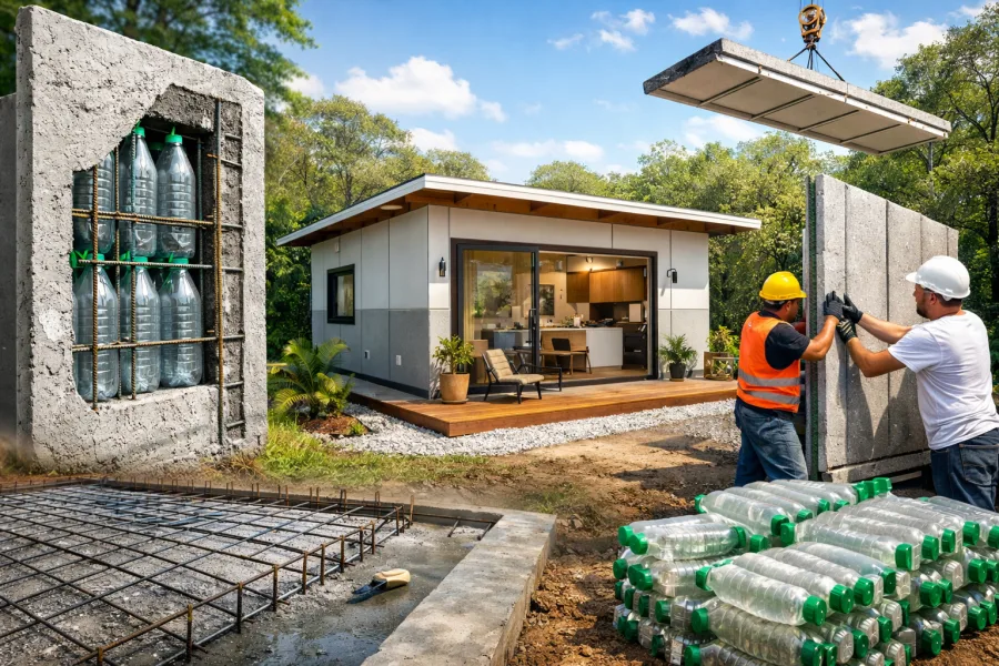 UFSC desenvolve sistema que troca tijolos por painéis com garrafas PET e monta casa de 39 m² em 48 horas, com base radier e concreto armado