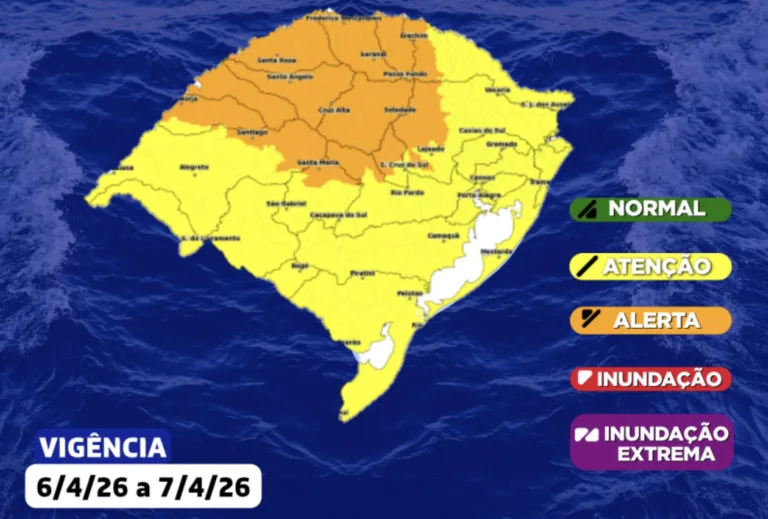 Defesa civil do estado do Rio Grande do Sul alerta para risco de alagamentos e cheias no RS nos próximos dias