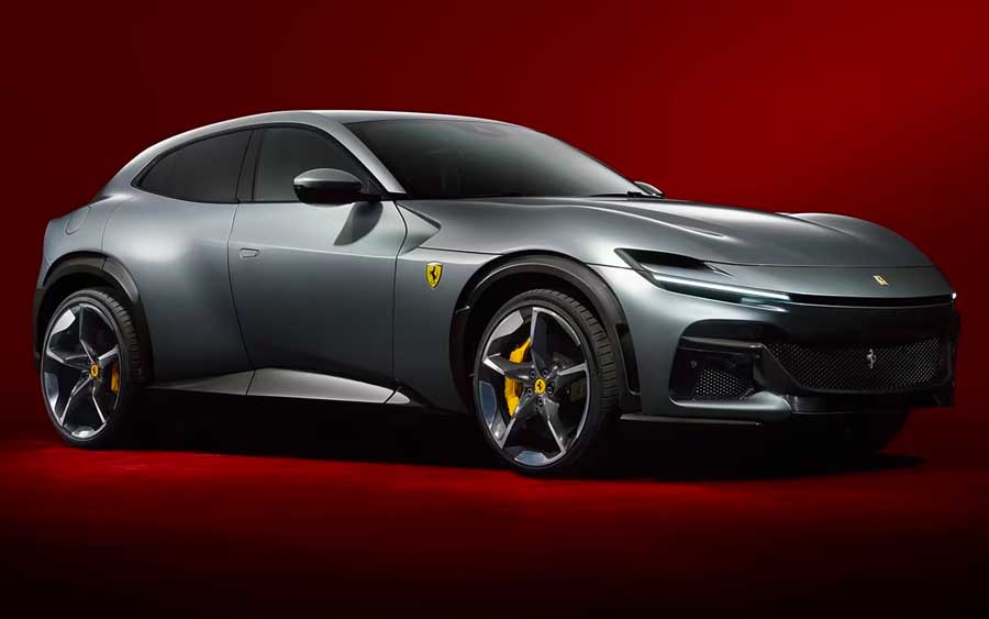 Com um motor de 725 cavalos, a Ferrari Purosangue é o primeiro SUV da marca italiana, conhecido pela sua potência e design inovador.