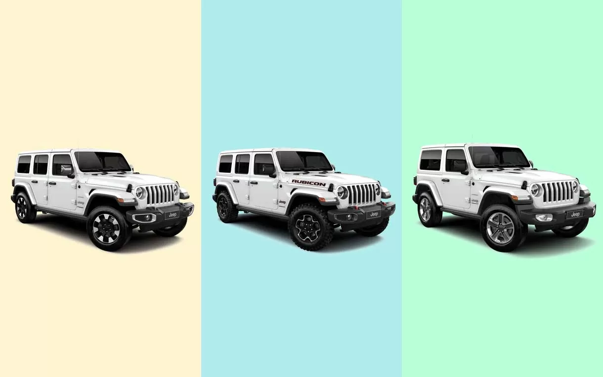 Jeep Wrangler Sahara, Jeep Wrangler Rubicon e Jeep Wrangler Sahara com 2 portas