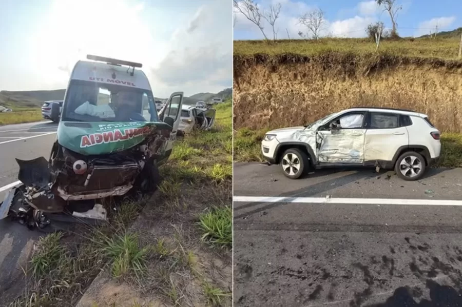 Um acidente entre uma ambulância e um carro deixou seis pessoas feridas na MG-353. Os veículos colidiram lateralmente, e a ambulância invadiu a contramão. As vítimas foram socorridas pelo Samu.
