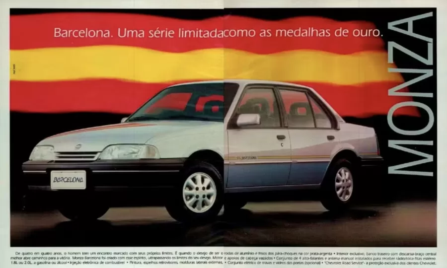 Chevrolet Monza Barcelona 1992: O Monza Barcelona de 1992, com adesivos alusivos aos Jogos Olímpicos na Espanha, tinha motor 2.0 de 110 cv, sendo uma edição comemorativa marcante.