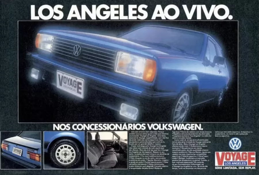 Volkswagen Voyage Los Angeles 1984: O Voyage Los Angeles, lançado para as Olimpíadas de 1984, tinha pintura azul exclusiva e motor 1.6 etanol de 81 cv, destacando-se pela edição limitada.