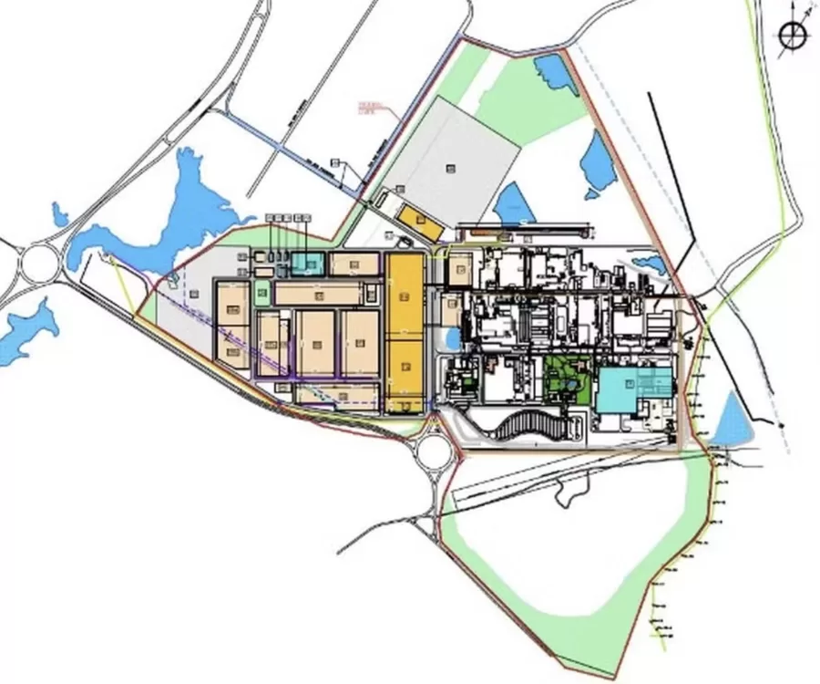 Mapa destaca, em tons de laranja claro e escuro, as áreas previstas para a construção do novo complexo fabril — Foto: Divulgação/BYD