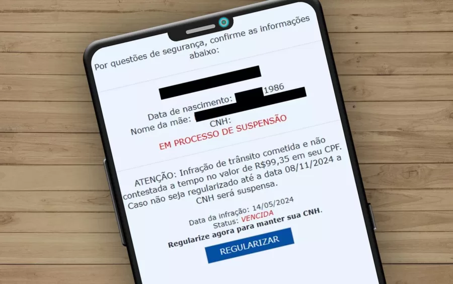 Golpistas estão usando mensagens SMS com o tema suspensão da CNH para enganar vítimas. A mensagem direciona para um site falso que imita um portal governamental para roubar dados pessoais.