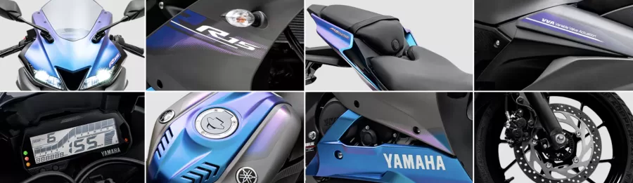 A iluminação LED da Yamaha R15 ABS 2025 oferece visibilidade aprimorada à noite. O painel digital multifuncional exibe indicadores essenciais, como marcha, consumo e alerta de temperatura.