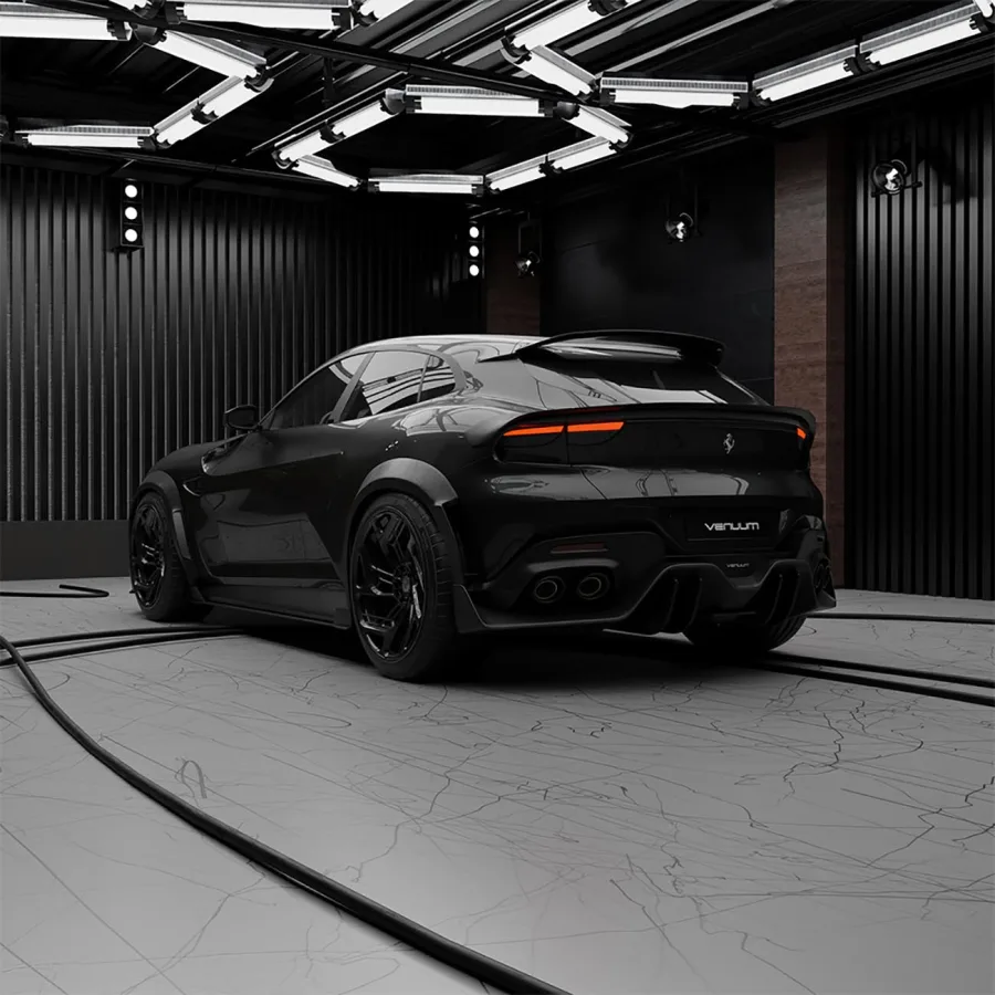 A Venuum transformou o Ferrari Purosangue com o Black Venuum Edition, apresentando mudanças no design que incluem pintura preta brilhante e alterações aerodinâmicas marcantes.