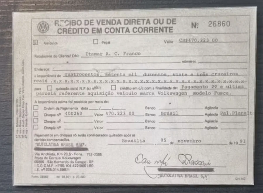 Nota fiscal do fusca comprado por Itamar Franco em 1993 - Foto: Memorial da República