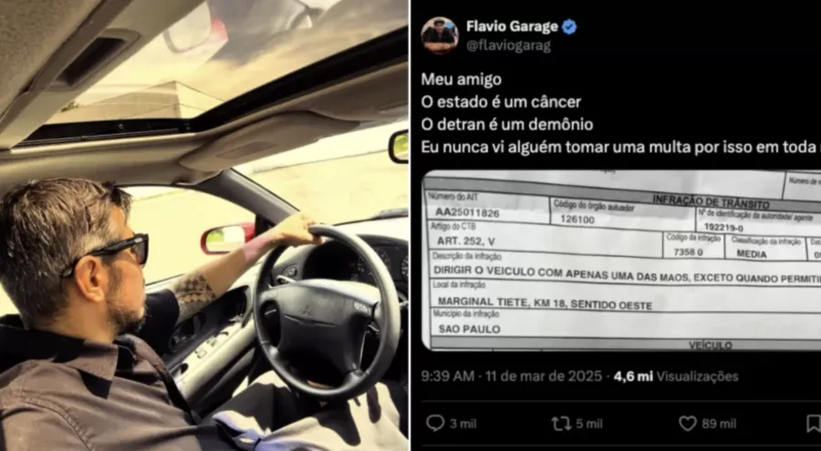 Um motorista recebeu multa por dirigir com uma mão e compartilhou a indignação nas redes. O caso viralizou, gerando discussões sobre regras de trânsito pouco conhecidas e sua fiscalização - Imagem: Reprodução/Redes Sociais