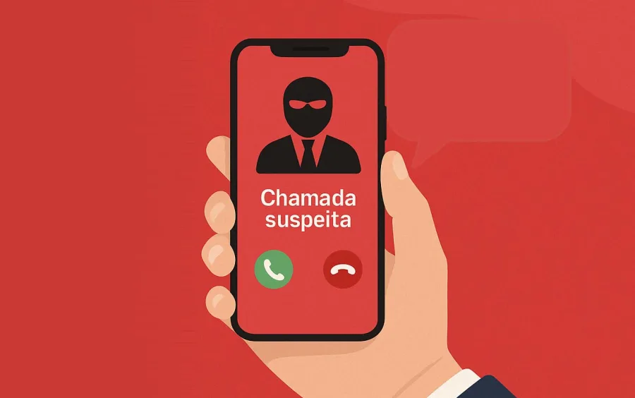 Golpes com falsa central usam números clonados para enganar. A ligação parece oficial, mas é fraude. A vítima acredita estar falando com o banco e revela informações pessoais - Imagem gerada por IA.