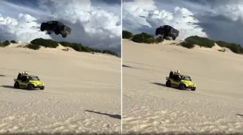 Turistas gravaram o momento em que uma caminhonete avança por uma duna e literalmente salta por cima de um buggy parado com ocupantes em Canoa Quebrada, no Ceará.