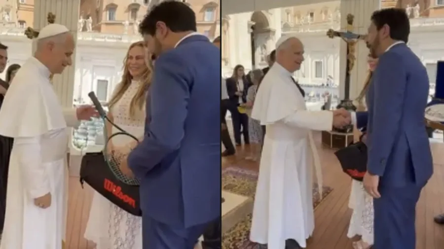 Papa Leão XIV recebe raquete de Bia Haddad do prefeito de SP, Ricardo Nunes, em Roma; Vídeo
