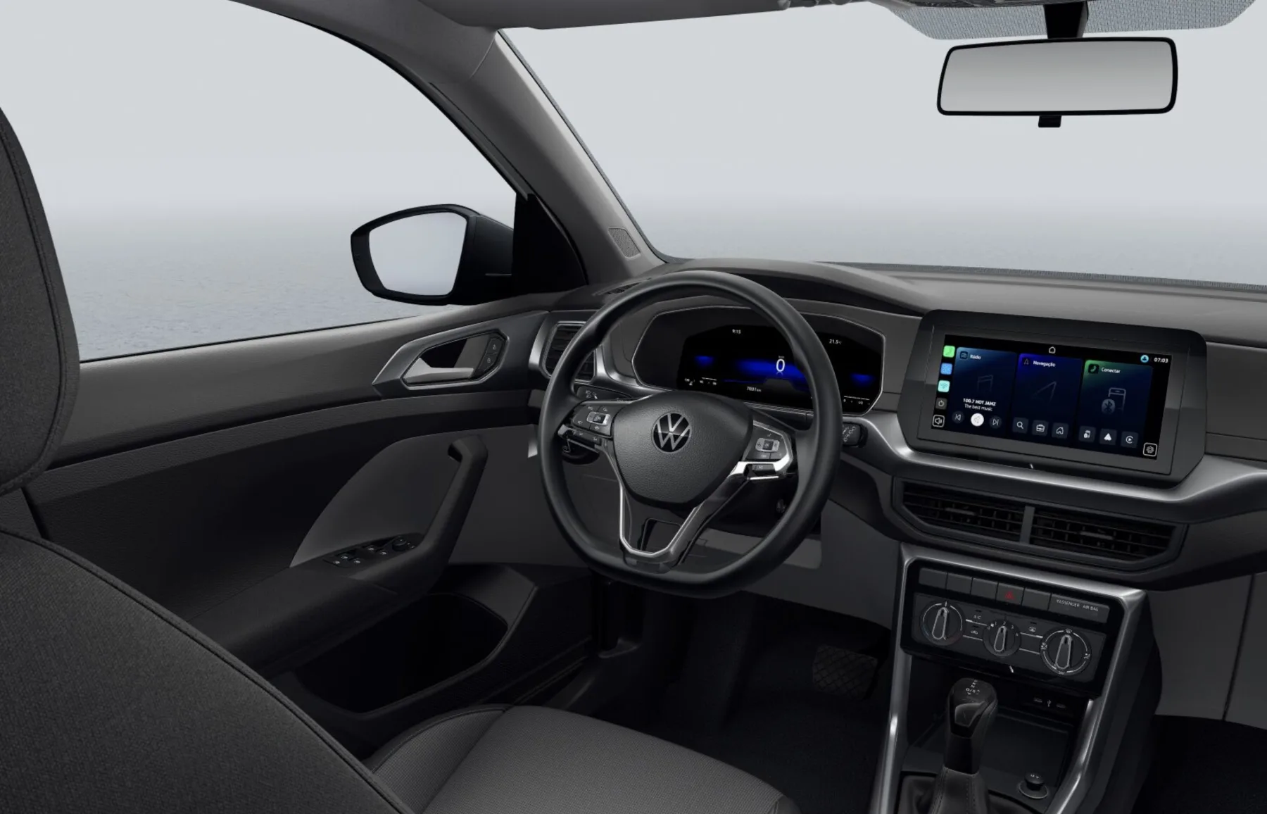 A central VW Play de 10,1 polegadas aceita Android Auto e Apple CarPlay sem fio, enquanto o painel digital de 8 polegadas concentra as informações do carro e da viagem.