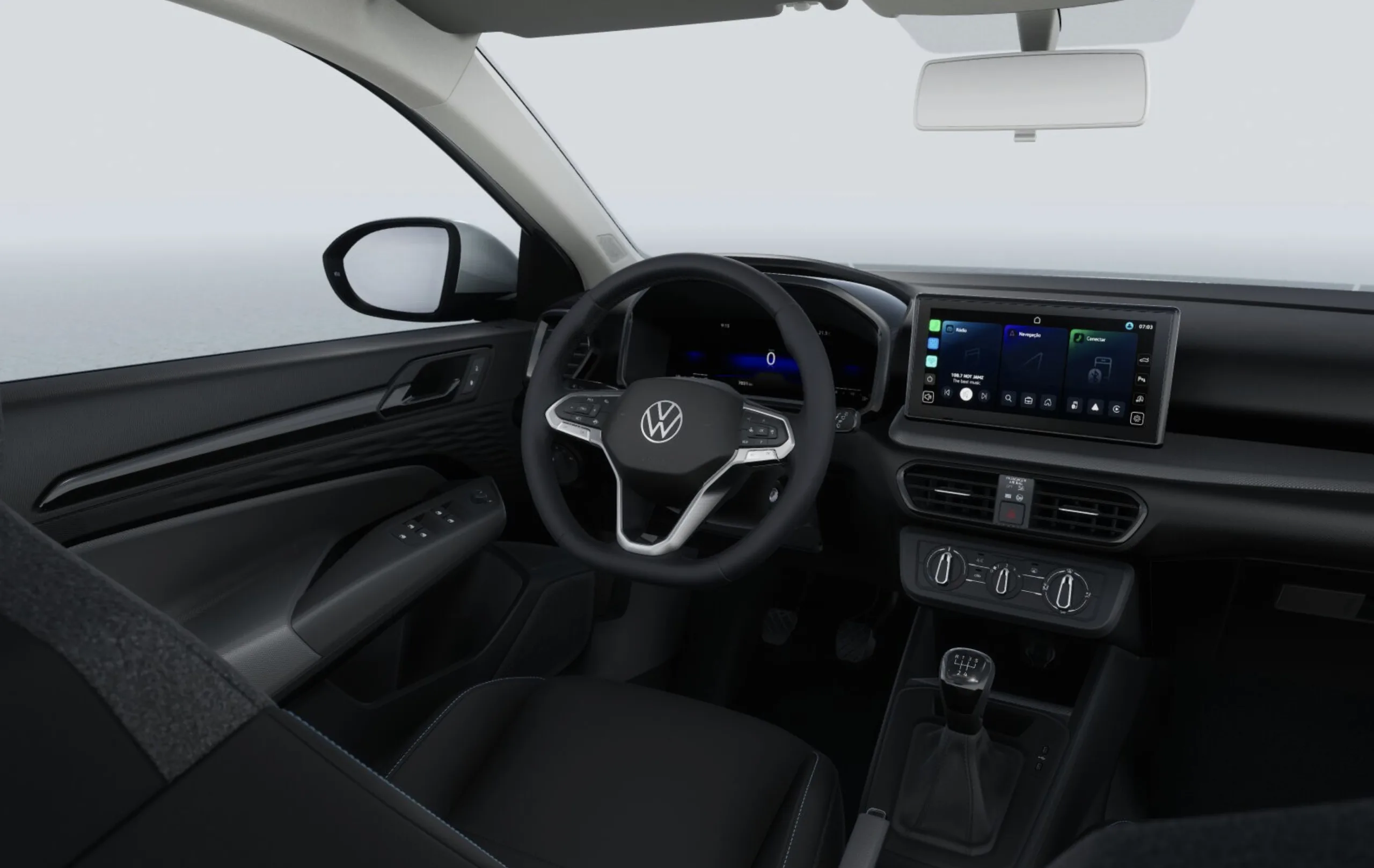 O interior combina painel digital e central multimídia conectada, oferecendo recursos de tecnologia e conforto antes restritos a versões mais caras da Volkswagen.