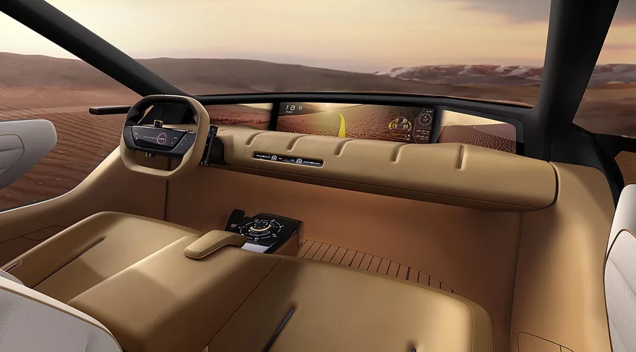 No interior, o conceito propõe uma experiência de convivência: bancos dianteiros giratórios, piso plano e painel com três telas interligadas, além de um quarto display integrado ao volante.