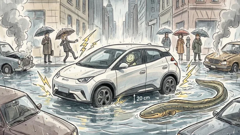 Pode andar com carro elétrico na chuva? Entenda o mito do choque, o risco da bateria e a regra vital dos 20 cm