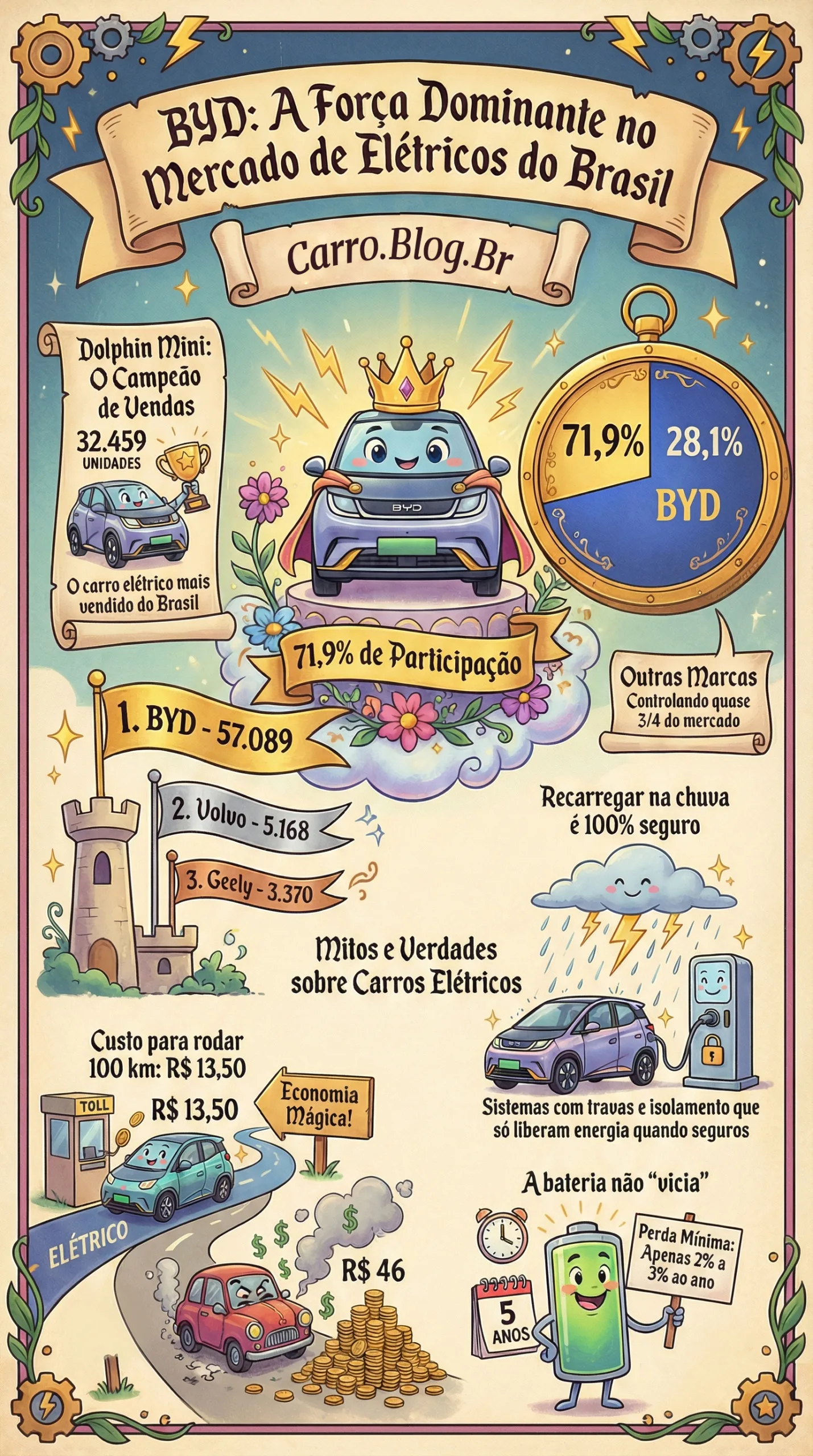 BYD liderou 71,9% dos elétricos em 2025 no Brasil, com 57.089 carros, puxada pelo Dolphin Mini, e mudou o mercado, custos e escolhas do consumidor.