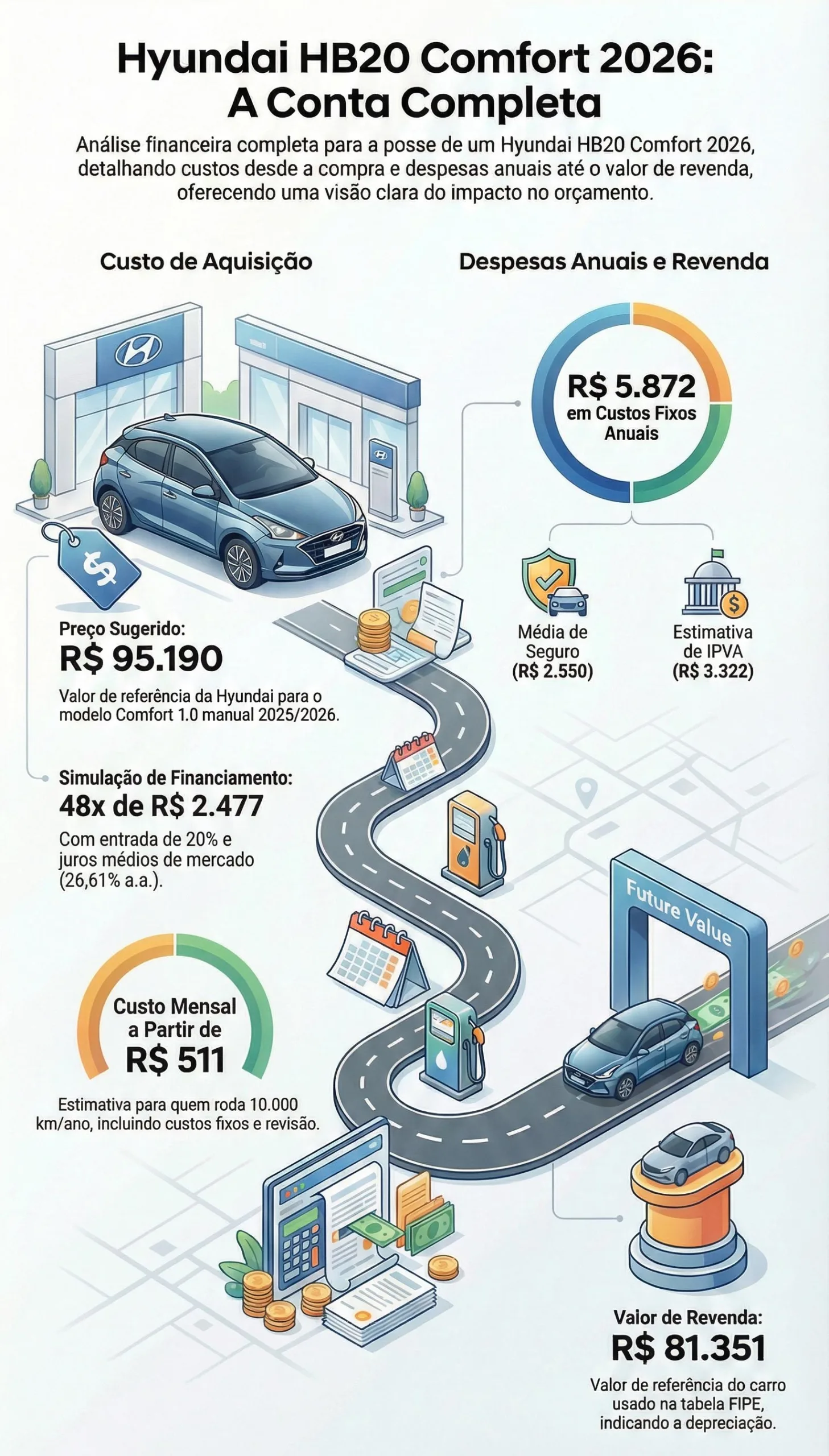 HB20 Comfort 2026: do preço oficial ao custo anual. Com dados de Hyundai, FIPE, IPVA e juros do BC, a conta mostra onde o bolso aperta no dia a dia sempre.