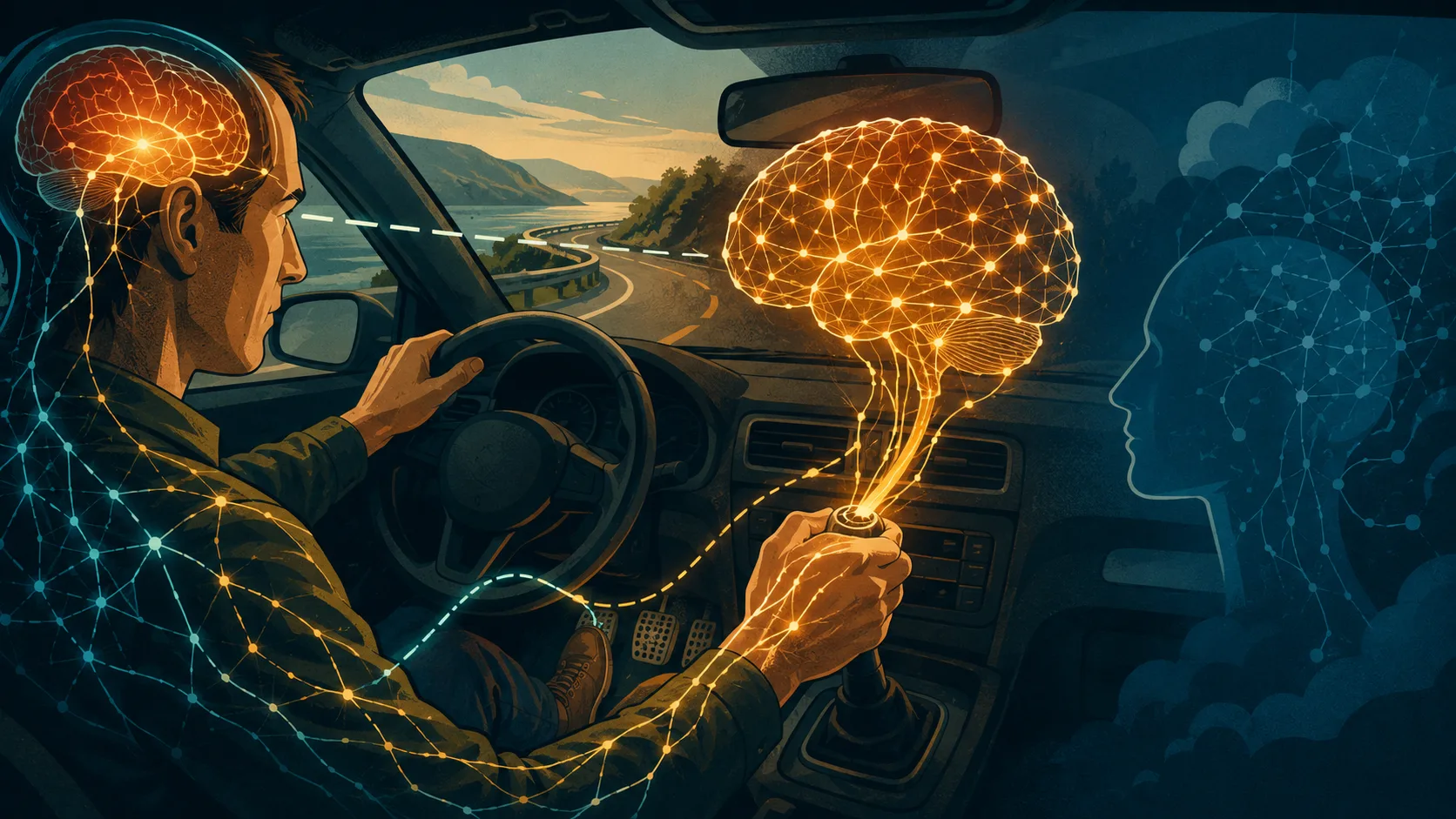 Estudo japonês aponta que carros com câmbio manual estimulam o córtex pré-frontal, área ligada à memória, atenção e decisões ao dirigir.