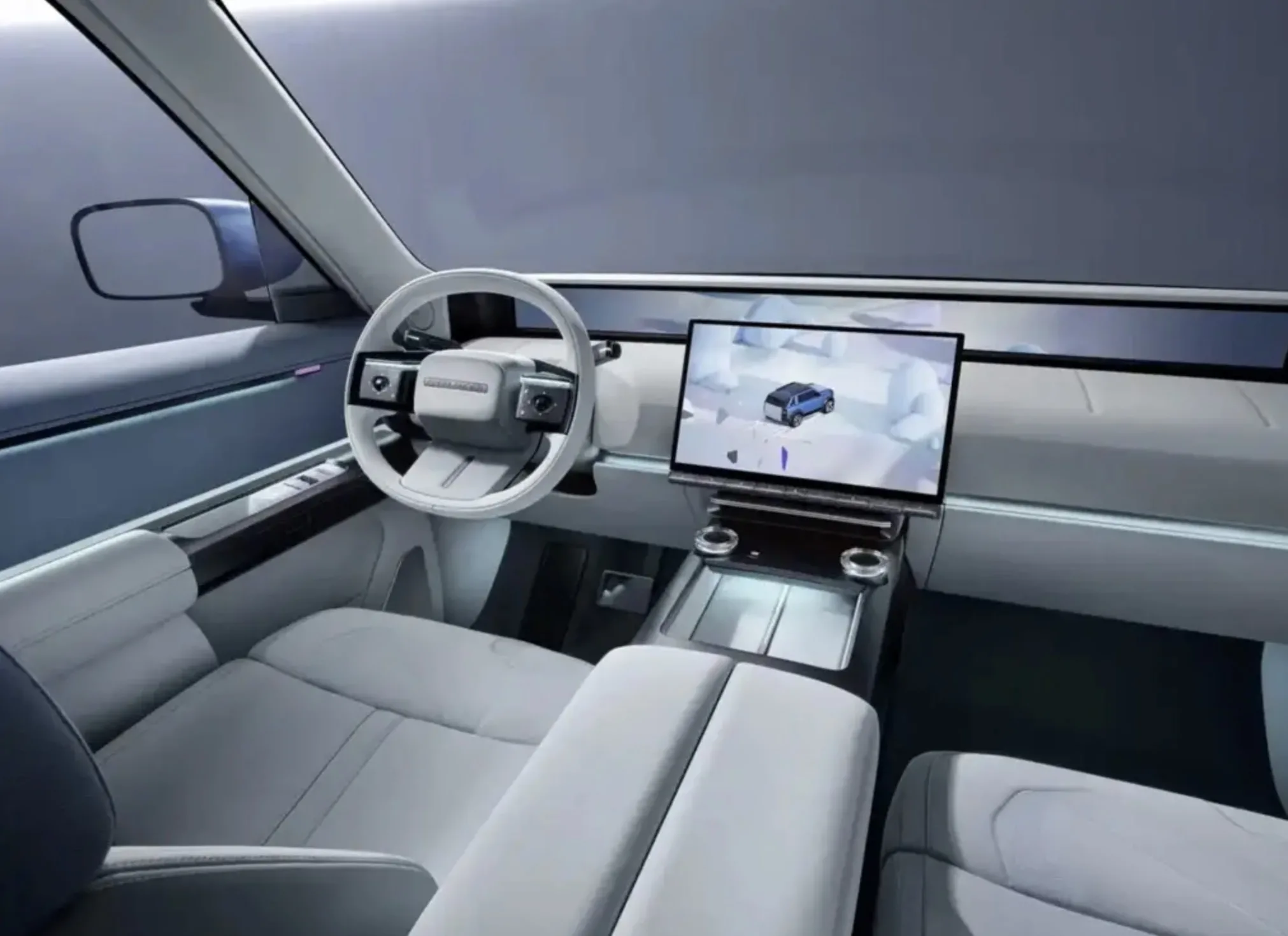 O interior do Freelander deve aproveitar a base elétrica para ampliar a cabine, com rodas nas extremidades, telas modernas e assistentes de condução feitos com apoio da Chery.